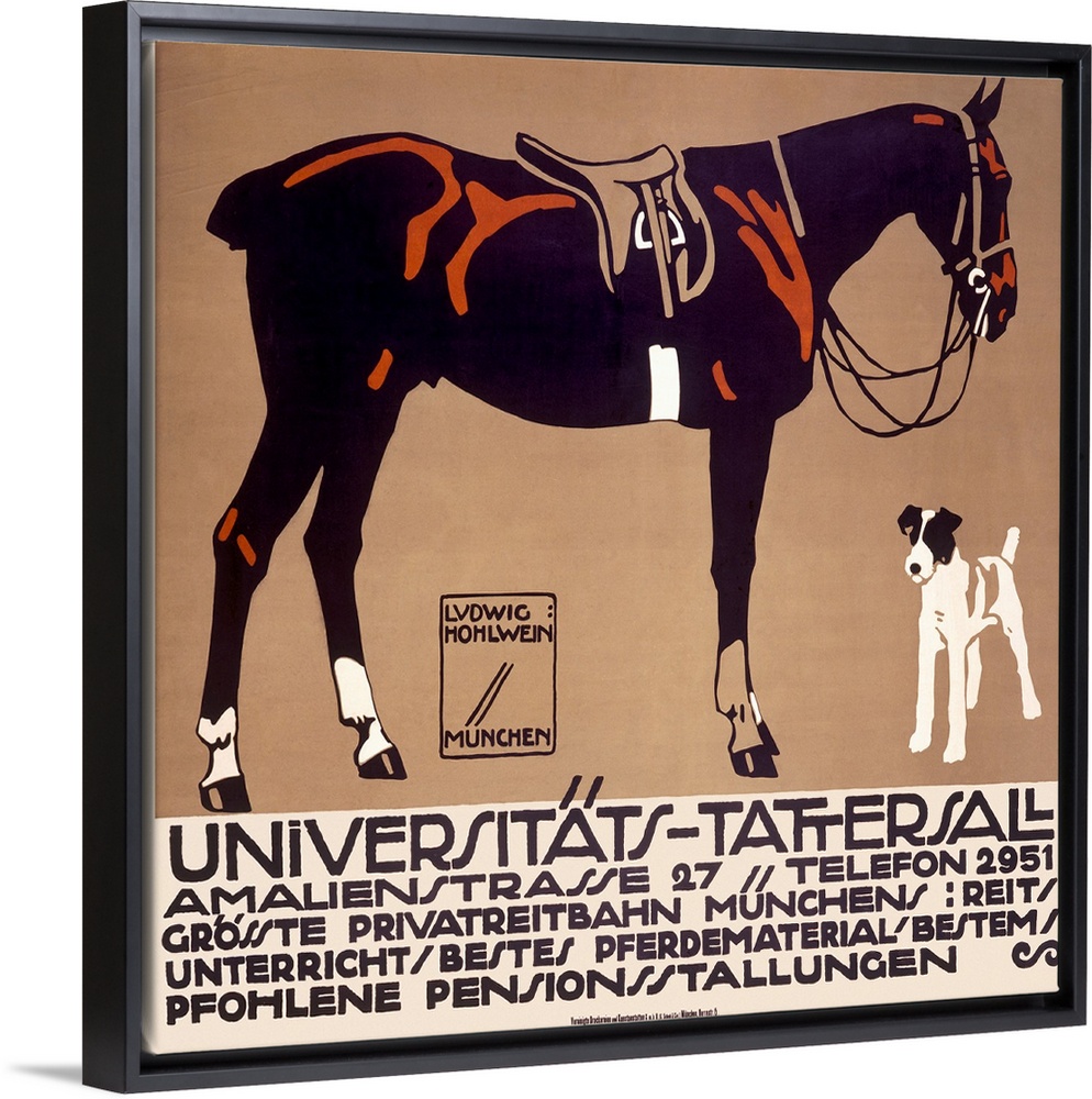 Vintage advertising poster illustrating a terrier and a horse with an English saddle and braided tail.
