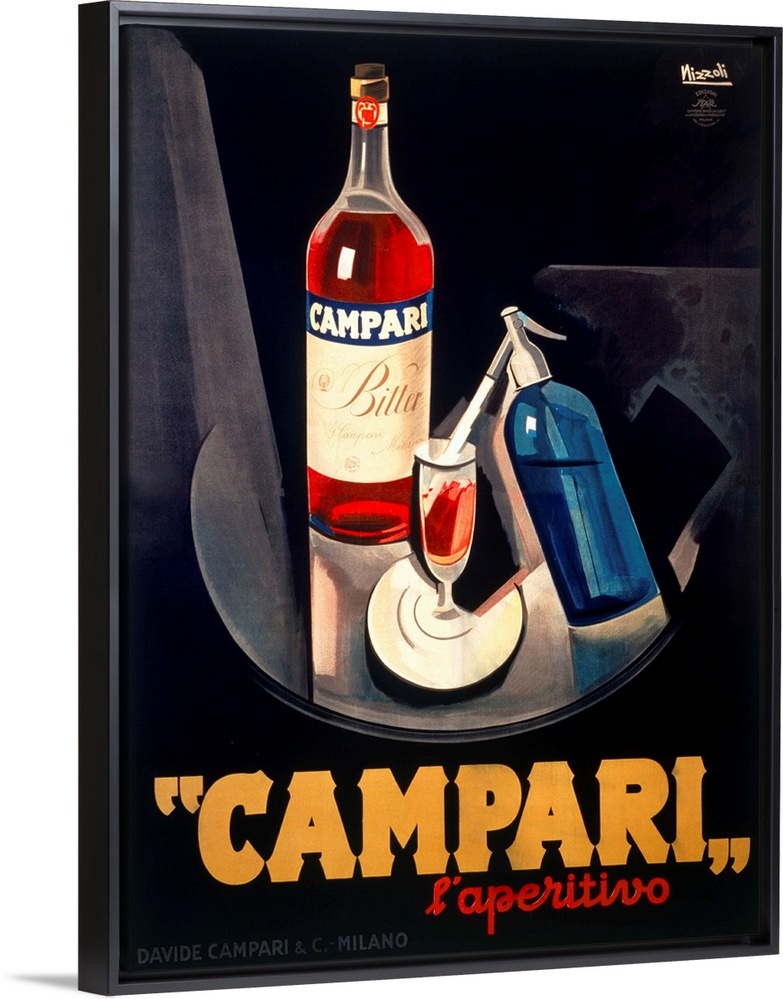 Vintage advertising poster for the Campari beverage, in bold masculine tones. Perfect for a dining room or bar area, the s...