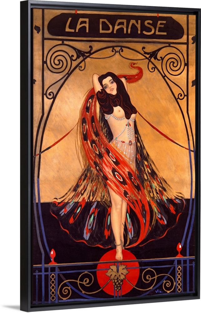 Large antique advertising art showcases a nearly nude women wrapped in a see-through fabric covered in a bright circle pat...