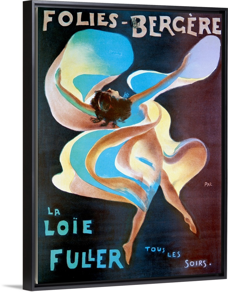 Vintage theater poster of a woman draped in flowing fabric dancing for a live entertainment act from France.