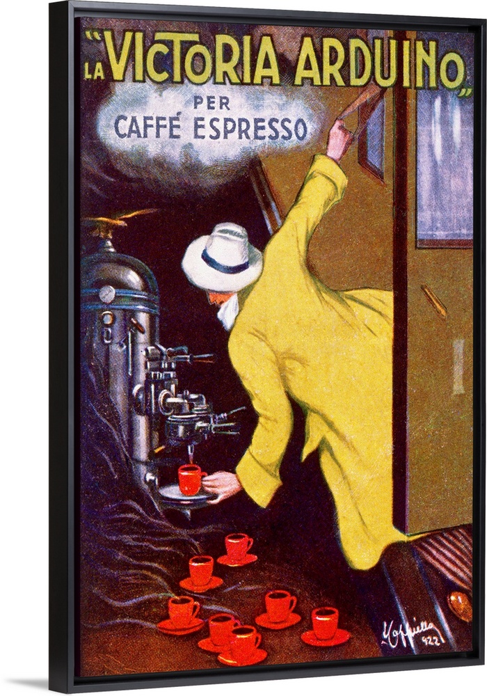 Huge vintage advertising art has a man leaning out of an open train door to get a cup of espresso.   The company name and ...