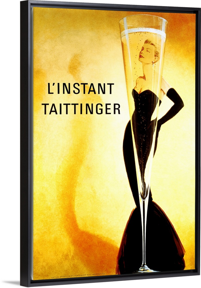 Big print of a slender champagne filled glass with a woman posing seen through it.