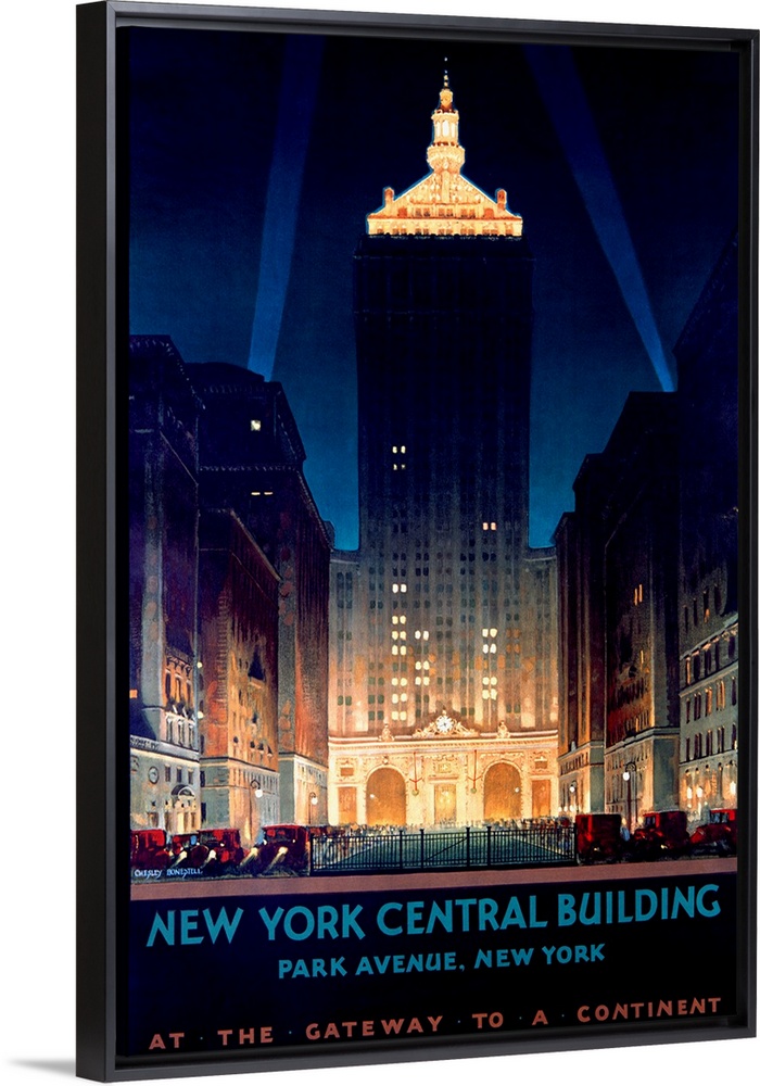 Large antique advertising art focuses on the Helmsley skyscraper located within Manhattan.  Towards the bottom of the piec...