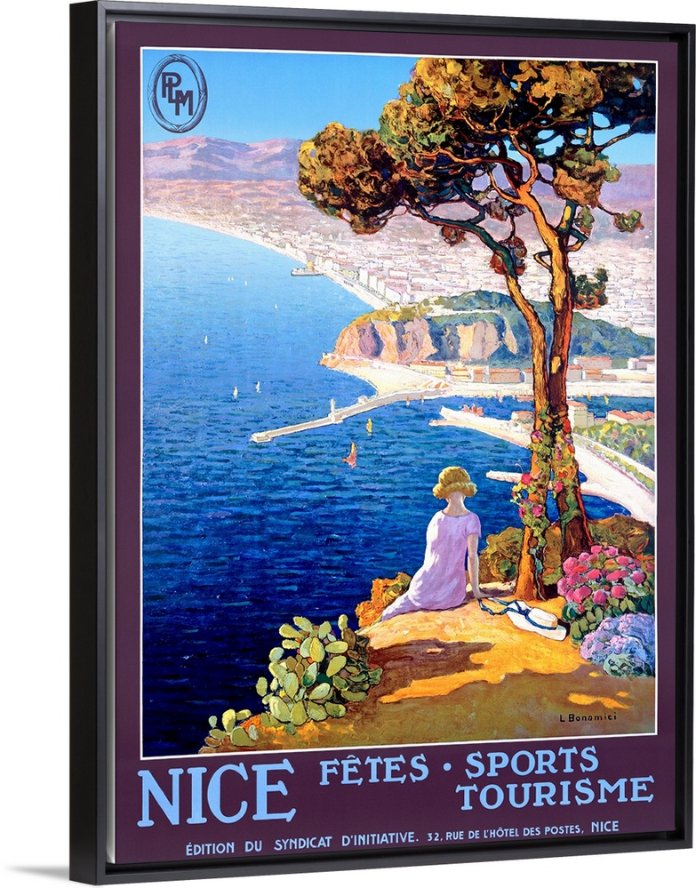 Vertical, large vintage advertisement for the Festival of Sports and Tourism in Nice.  Woman sitting next to a tree on a h...