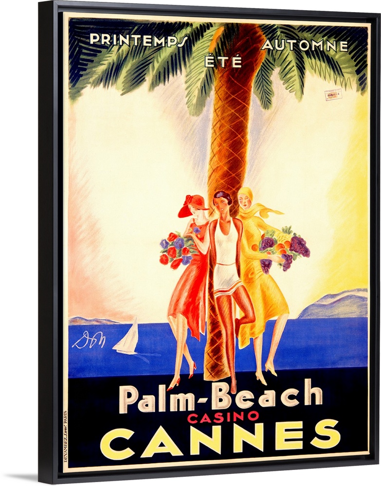 Old stylized travel poster for a casino in France with three women leaning against a palm tree and ocean water with a sail...