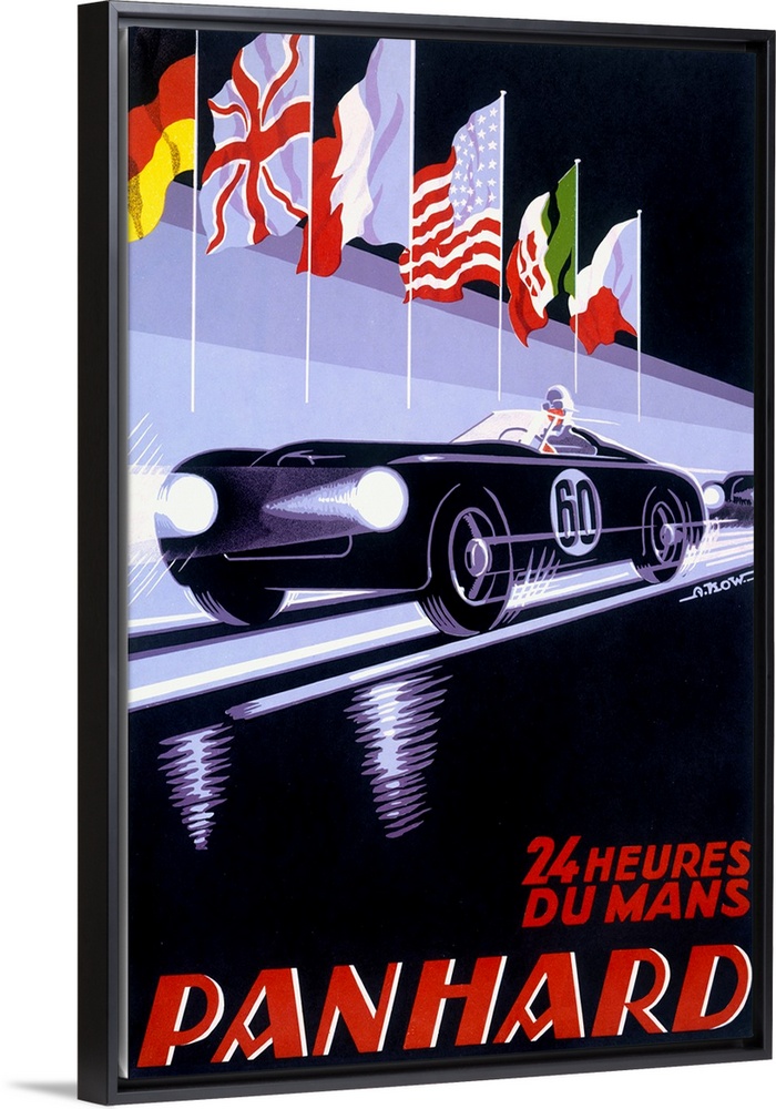 A vertical piece of artwork of a black car racing with flags above it and red text below with the word "Panhard".