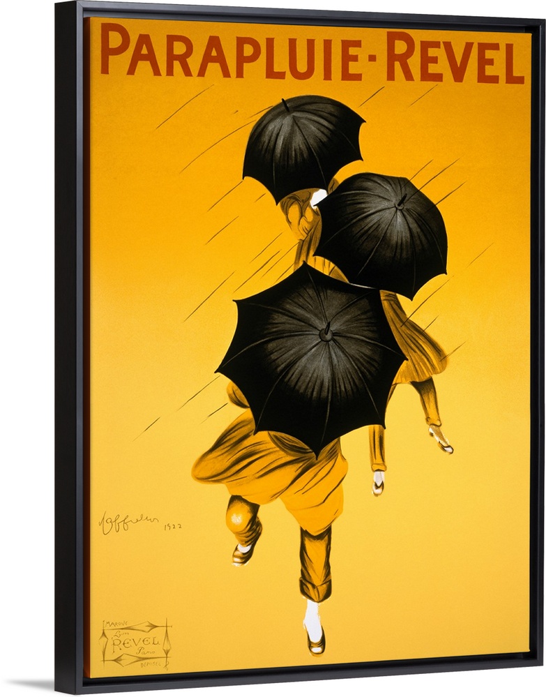 Big vintage art shows three women with umbrellas in the rain of a Parapluie Revel advertisement.