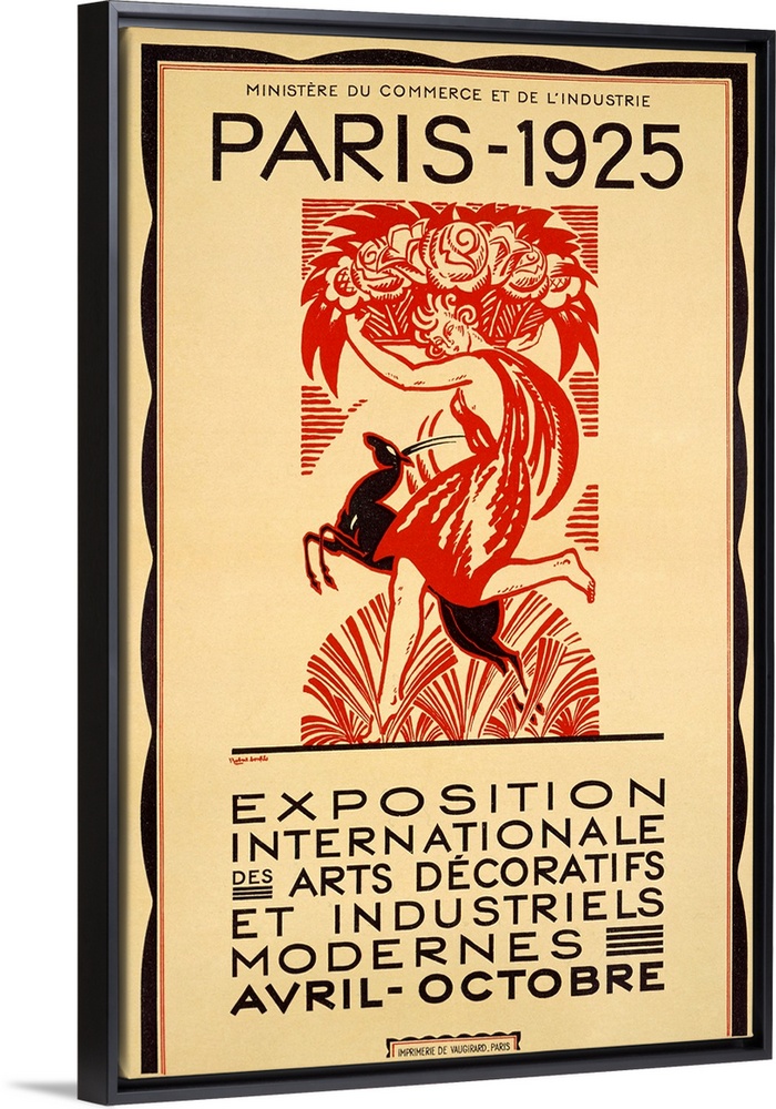 Antique art work of advertising piece showcasing an event in Paris, France.  The poster features a woman running with a ba...