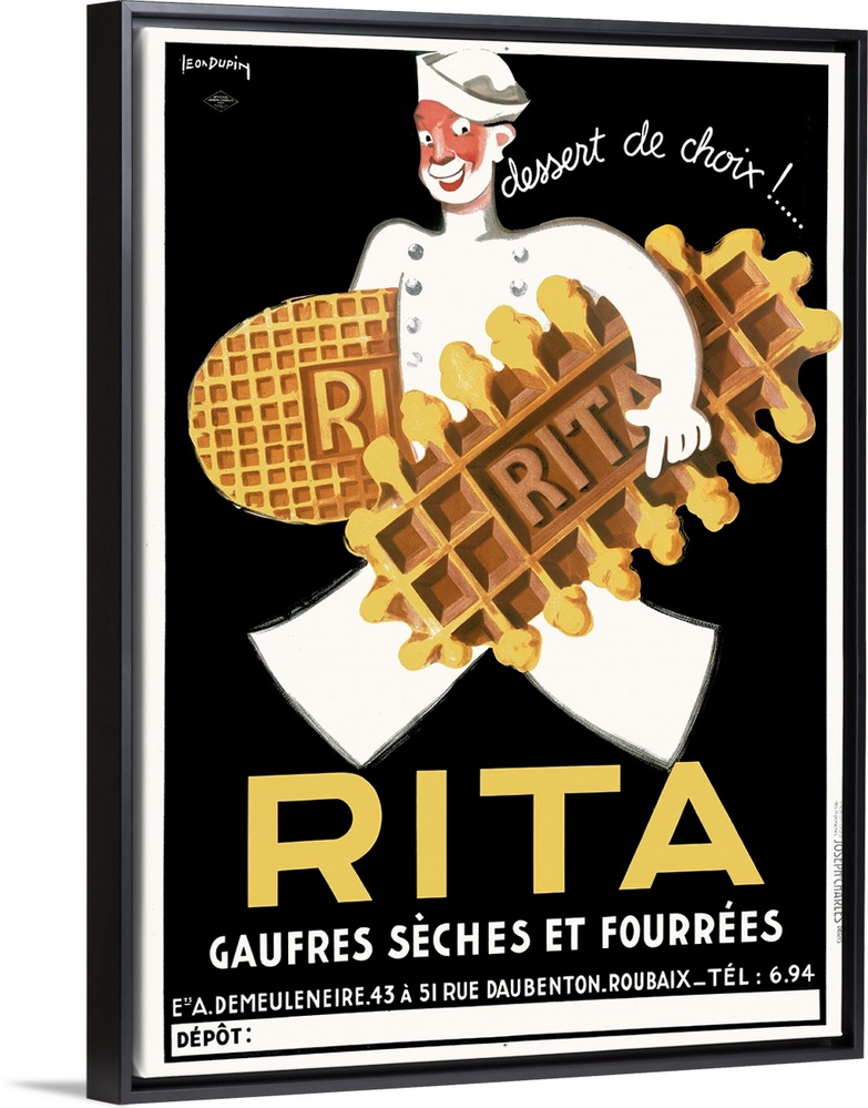 Antique advertising poster for French dessert.  There is an image of a smiling chef carrying two oversized cookies covered...