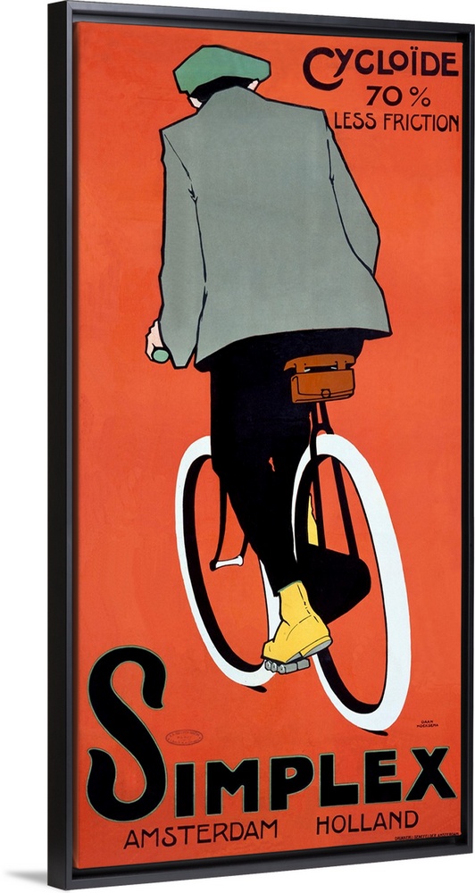 Panoramic antique advertising art incorporates a man riding a bike in front of a bare backdrop.  Text for the advertisemen...