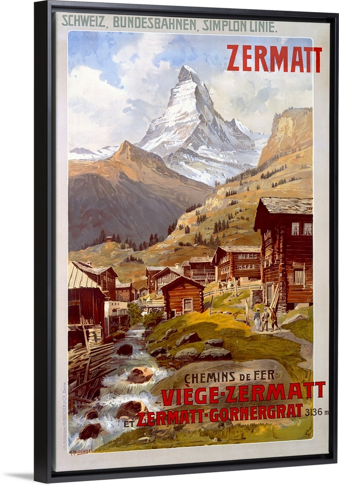 Vertical vintage poster, advertising the Swiss Alps in Zermatt.  Mountains behind a small village in the foreground with a...