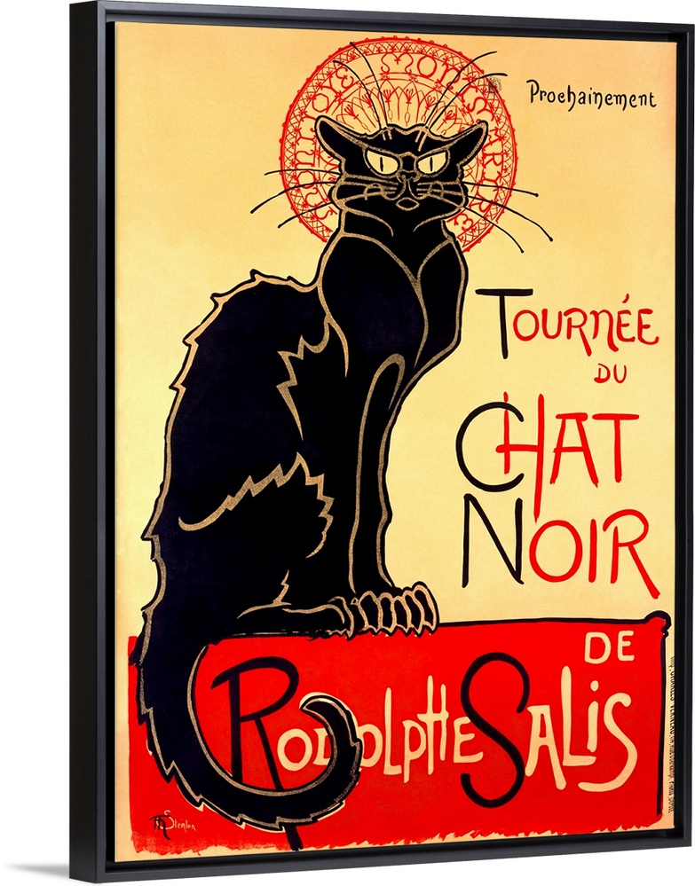 Painting of a large black cat staring at the viewer with text.