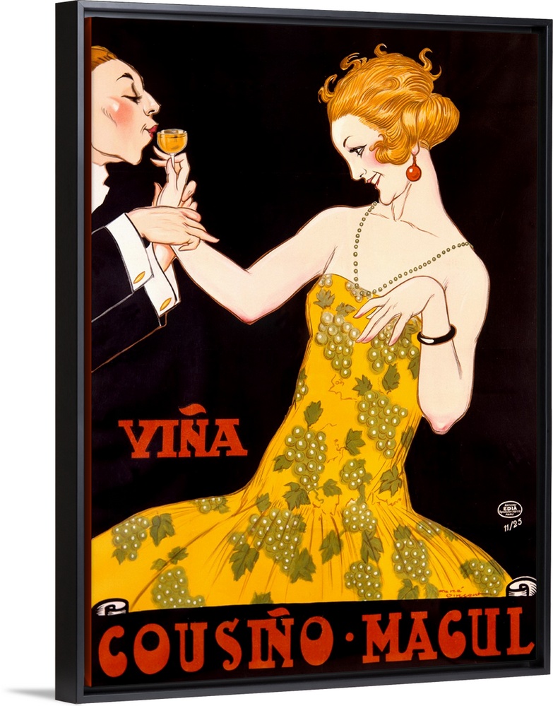 An Art Deco advertising poster showing a young flapper in a dress printed with grapes sipping champagne with a man in a tu...