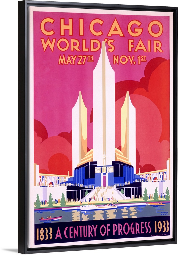 This early 20th century poster makes use of modern san serif typefaces, bold color palettes, and geometric shapes to entic...