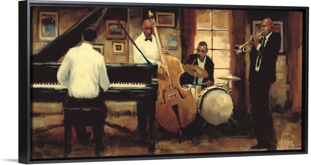 Contemporary painting of a group of jazz musicians, including a trumpet plater, a drummer, a bassist, and a pianist.