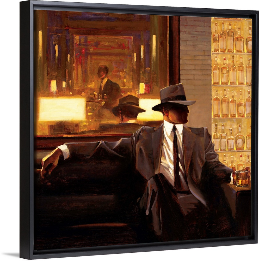 Contemporary painting of man wearing a suit and hat sitting on sofa in a lounge holding a drink in his hand.