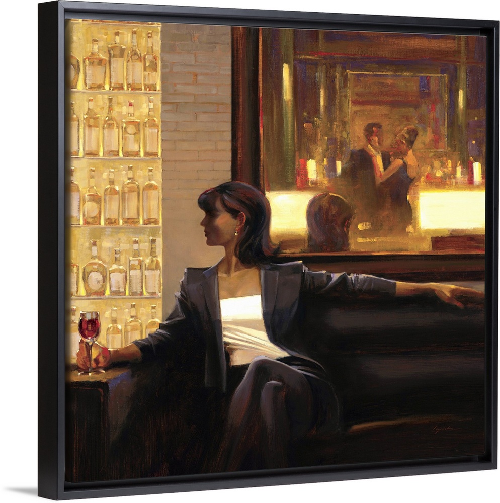 Contemporary painting of woman sitting on sofa in a lounge holding a drink in her hand.