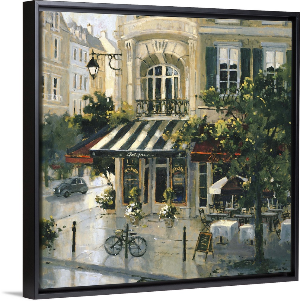 Contemporary painting of a city street corner antique shop.