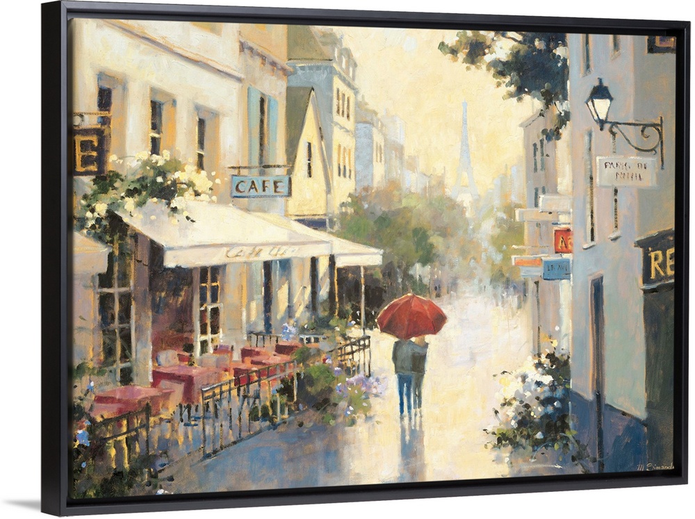 Contemporary painting of an embracing couple walking under a red umbrella through Parisian streets.