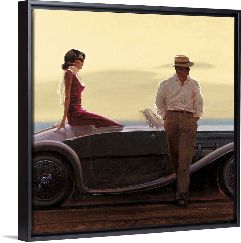 Contemporary painting of a woman sitting in the back of a vintage car, with a man standing outside the car leaning against...