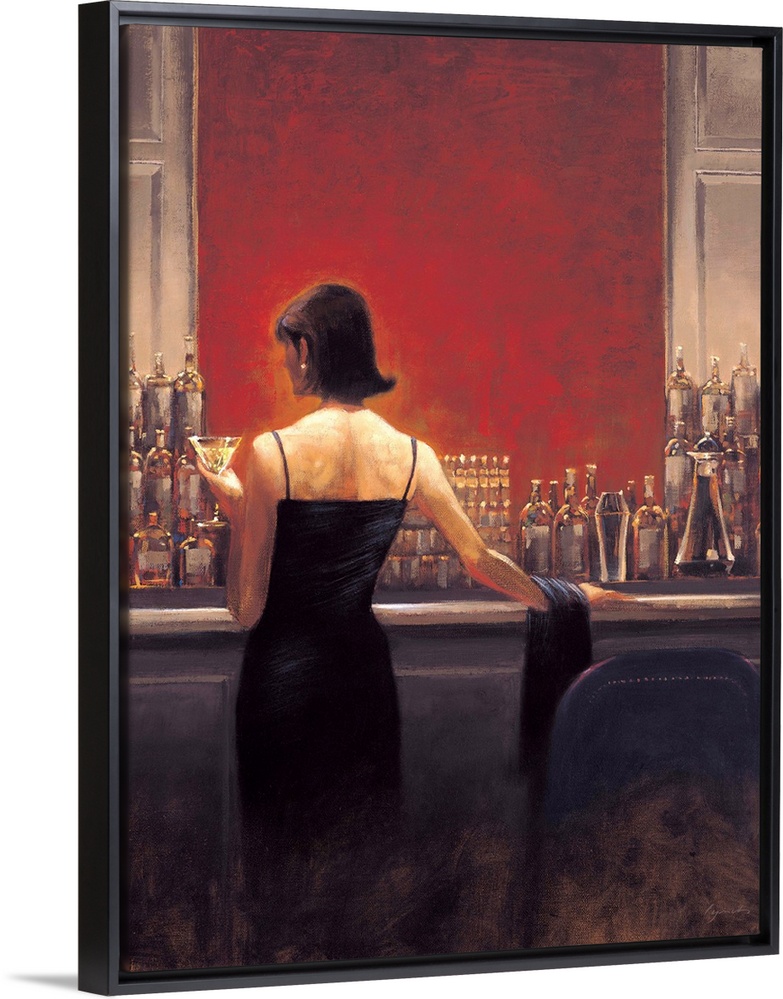 Contemporary painting of a woman in a black dress standing at a bar with a vibrant red wall, with a drink in her hand.