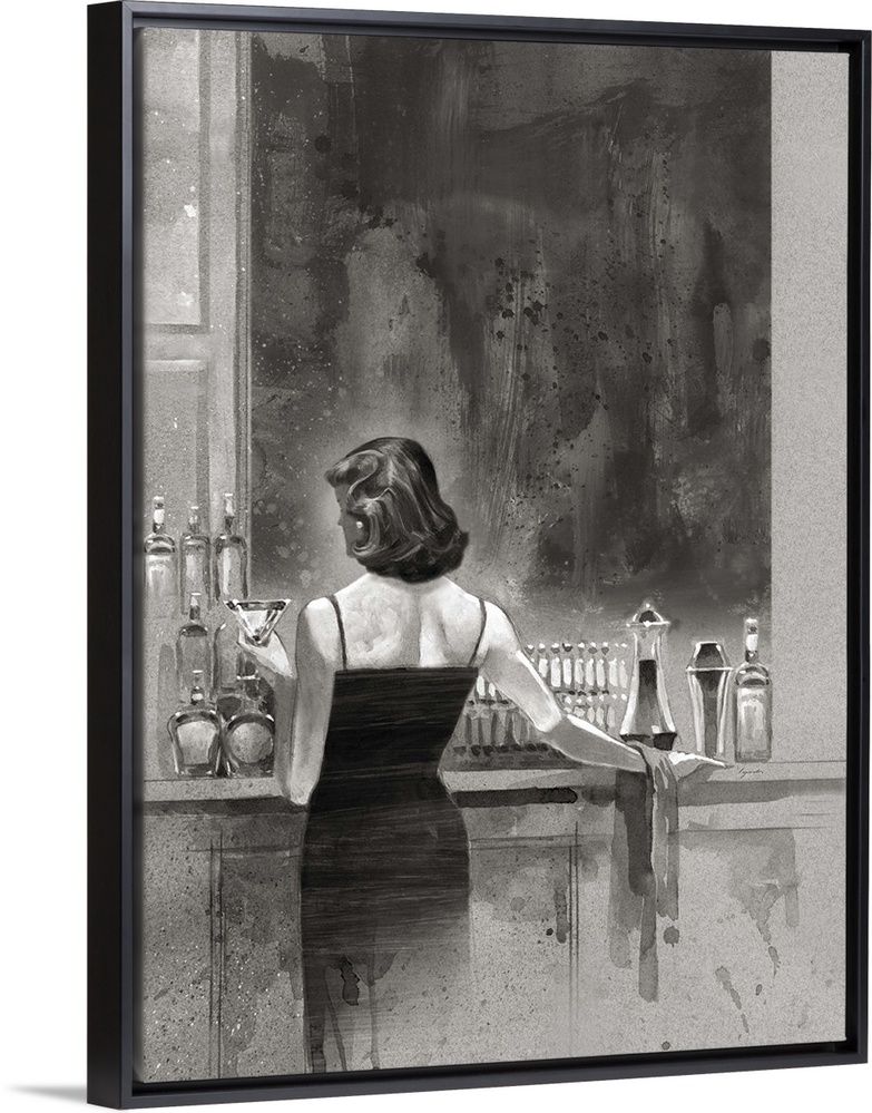 A painting done in gray scale of a woman in a dress standing at a bar, with a drink in her hand.