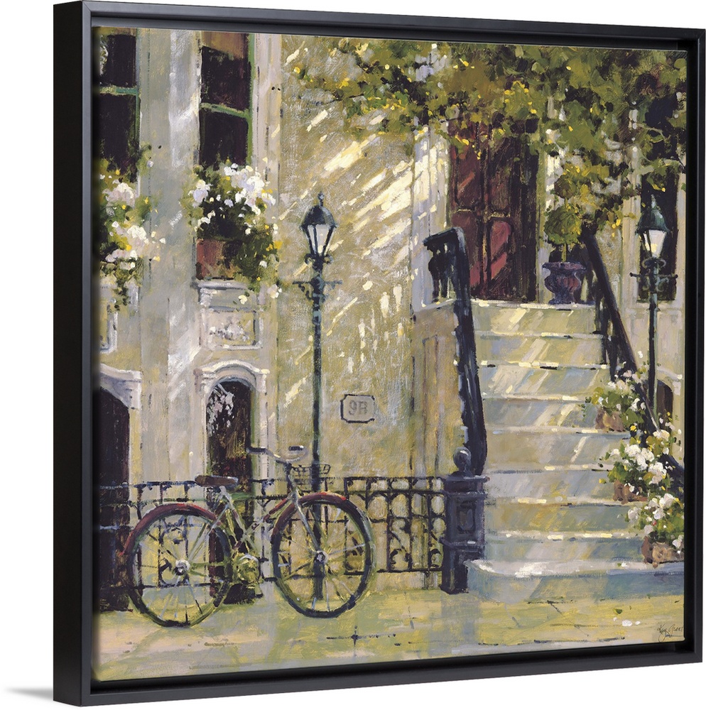 Contemporary painting of a bicycle leaning against a city street light post, outside a building.
