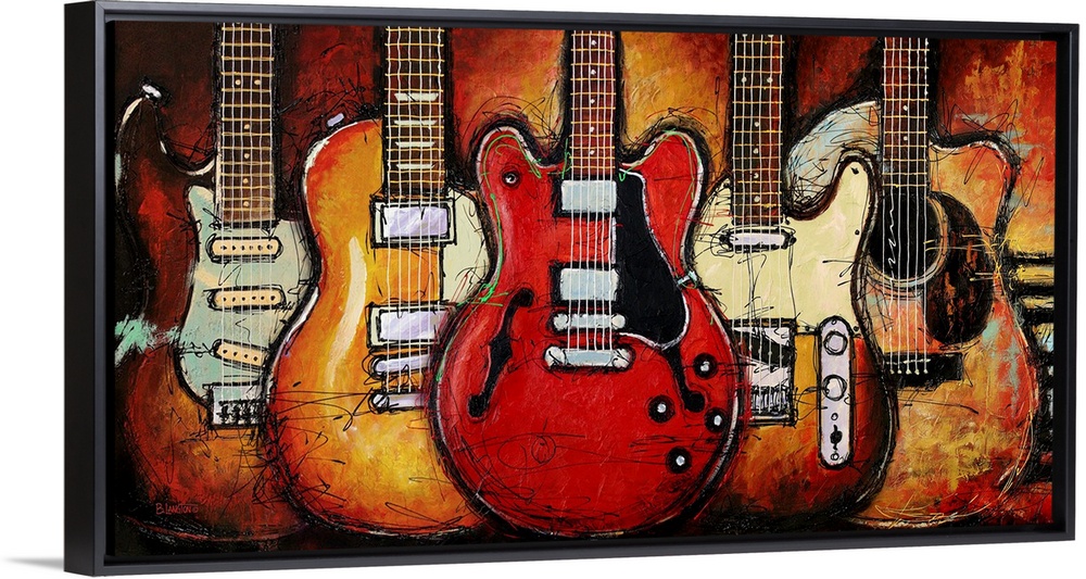 Contemporary painting of a guitar with piano keys in the background.