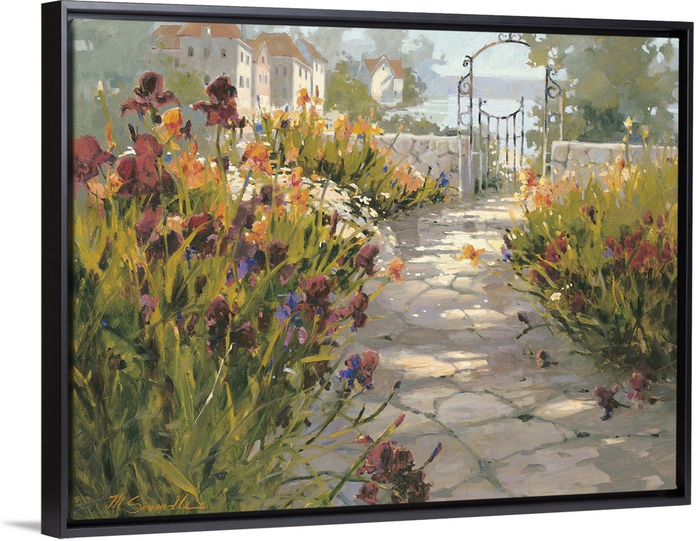Contemporary painting of an old Italian village garden, with stone path leading to garden entrance.