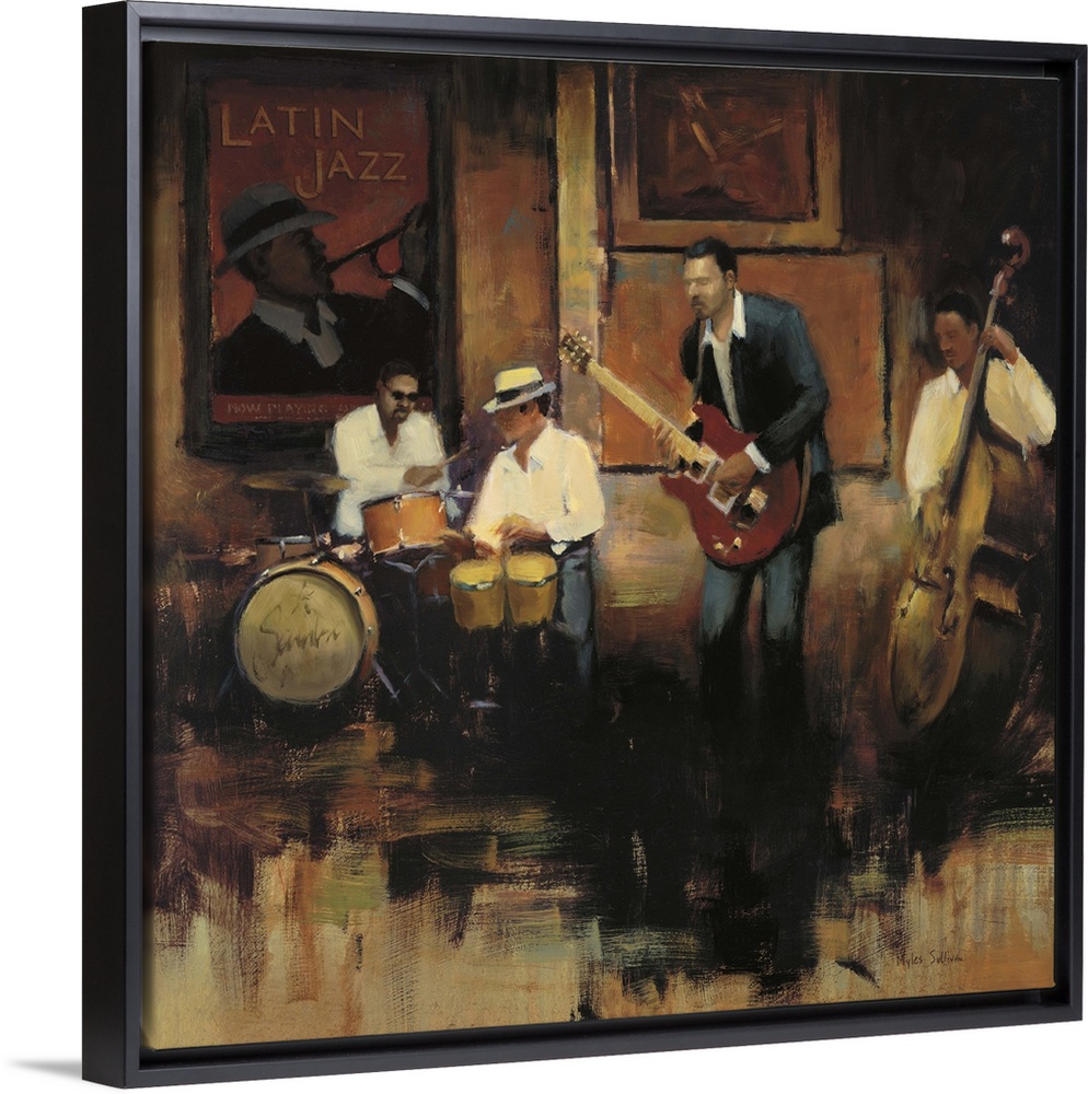 Contemporary painting of a group of jazz musicians playing the bongos, guitar, bass, and drums.