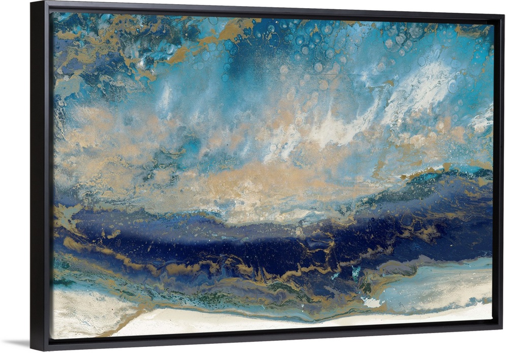 Contemporary abstract artwork in blue and gold, resembling a seascape.