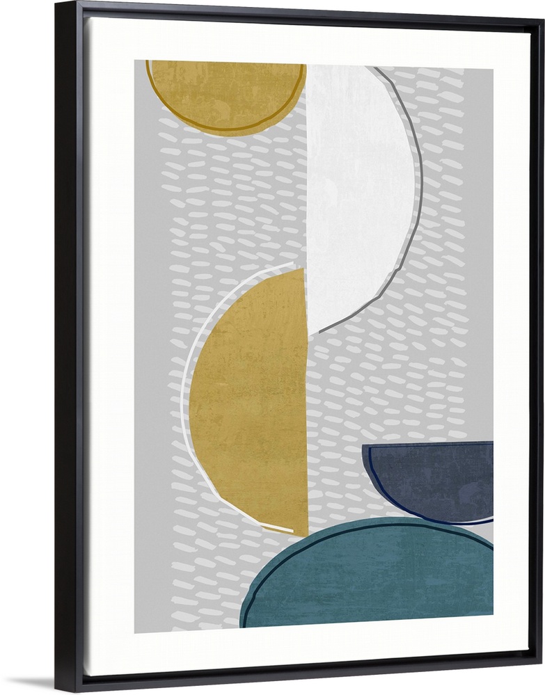 Midcentury style abstract art of semi-circle shapes in blue, gold, and white on grey.