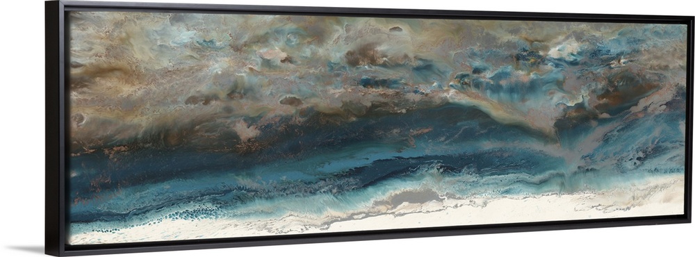 Abstract painting in deep blue and light beige resembling an aerial view of the ocean and shore.
