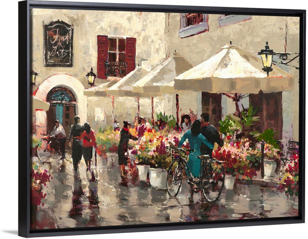 Contemporary painting of people sitting outside at a cafe.