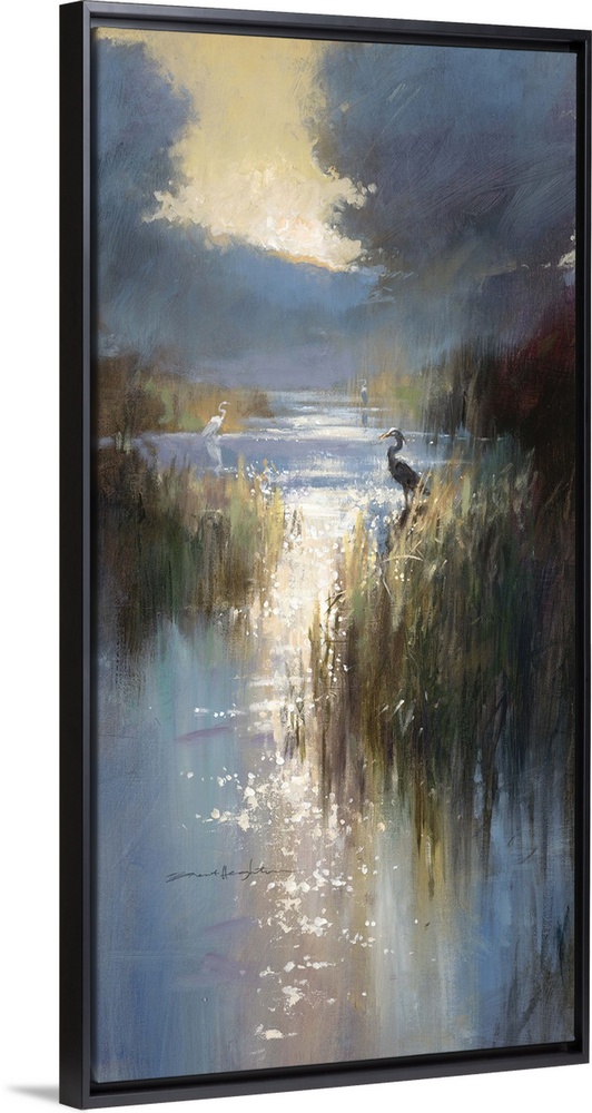 Painting of a body of water with the sun glaring on the surface of the water.