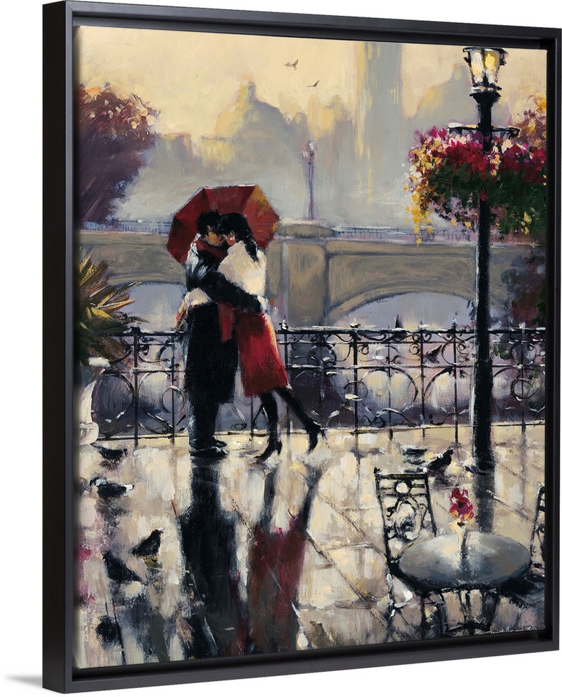 Painting of a couple in a loving embrace standing under an umbrella in the rain.