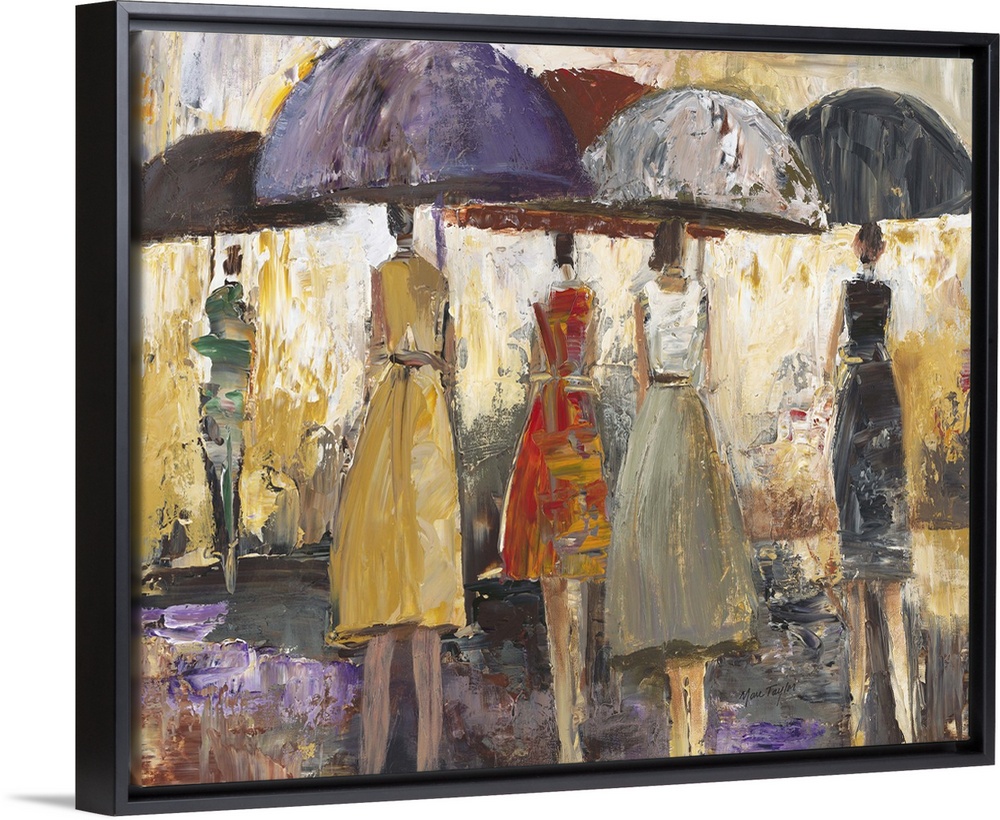 Contemporary painting of people walking with umbrellas through rain.