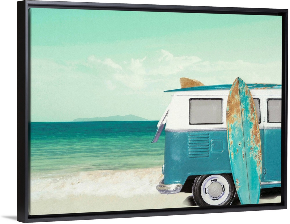Beach themed decor with an illustration of a white and blue vintage VW van with a surf board leaning up against it on the ...