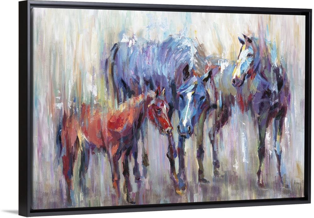 Home decor artwork of two adult multi-colored horses with a small brown one.