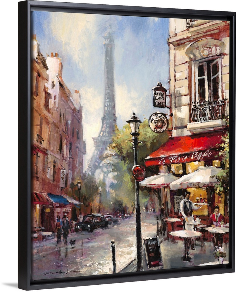 Contemporary painting of a view of the city streets of Paris, with the Eiffel Tower in the background.