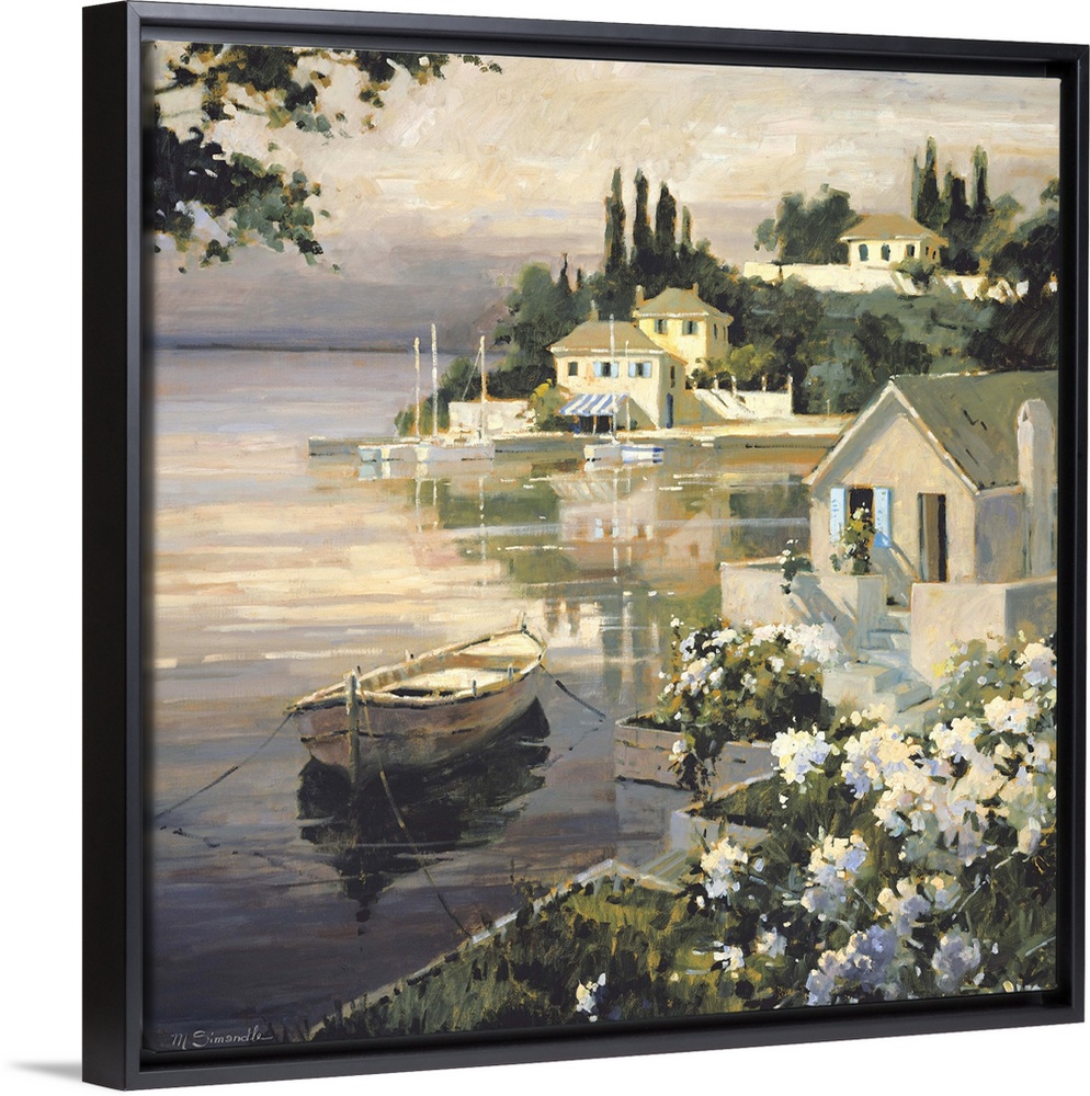 Contemporary painting of a small village harbor, with a white rowboat anchored near the shore.