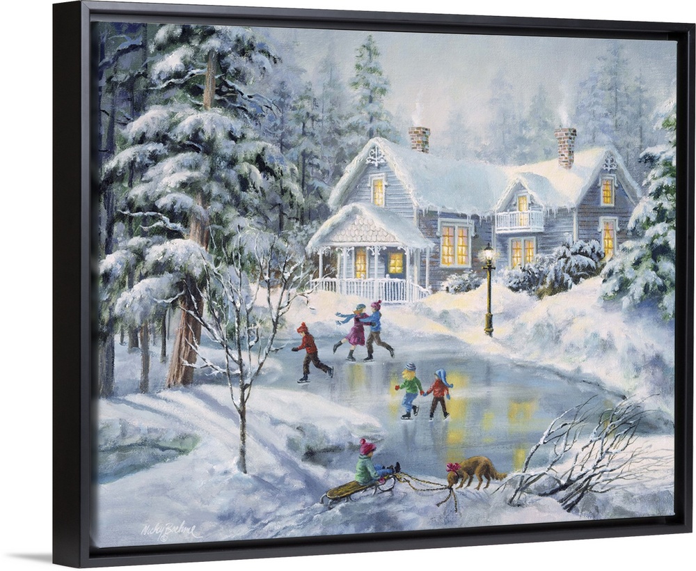Contemporary artwork of children skating on a frozen pond in front of a house after a snowfall.