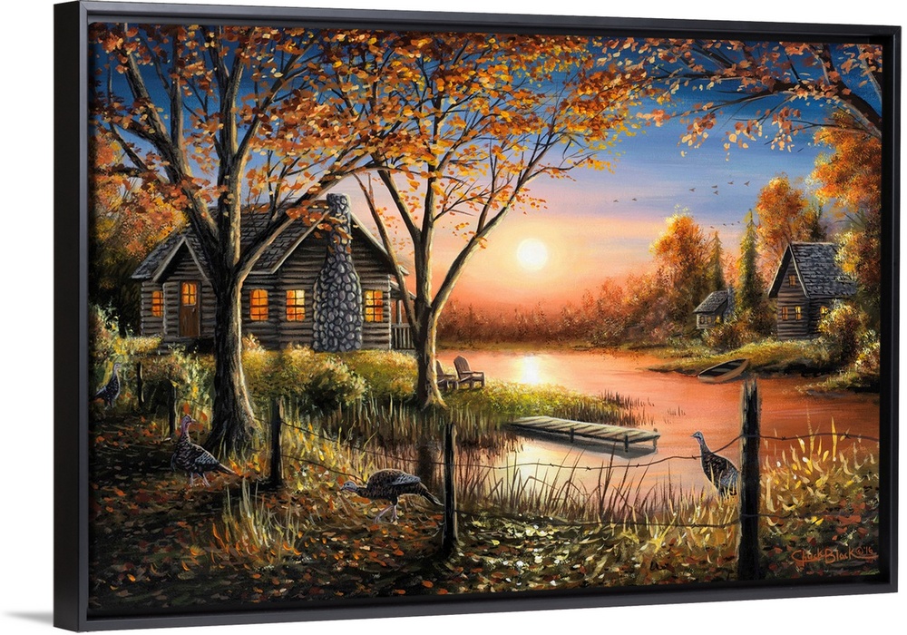 An idyllic painting of a cottage in a serene wilderness setting.