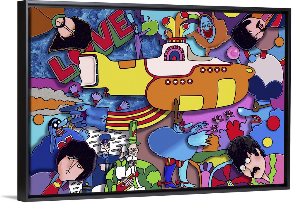 Contemporary artwork of a yellow submarine surrounded by bright colors and musical artists.
