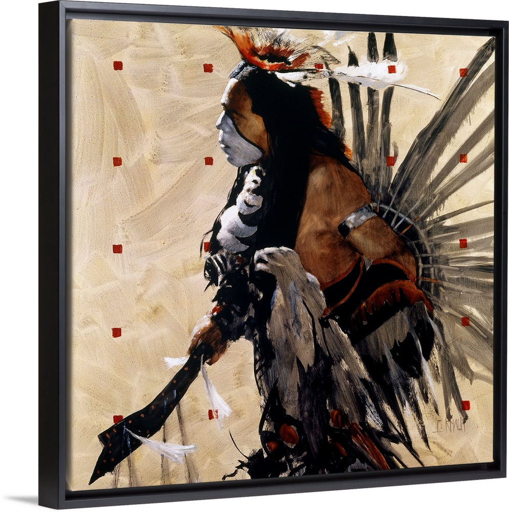 Contemporary western theme painting of a Native American in traditional and ceremonial dress.