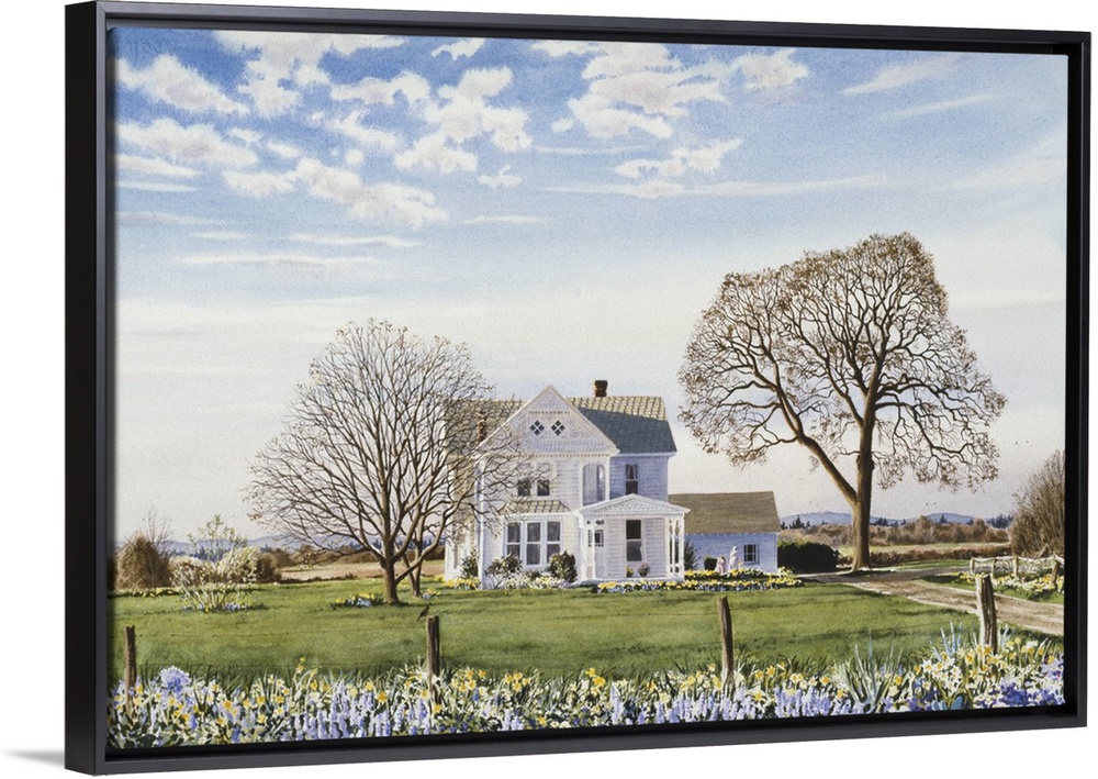 A white houes stands behind a barded wire fence.