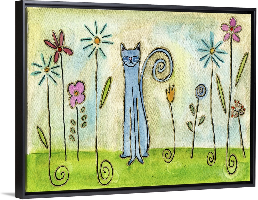 A blue cat sitting among tall flowers in a garden.