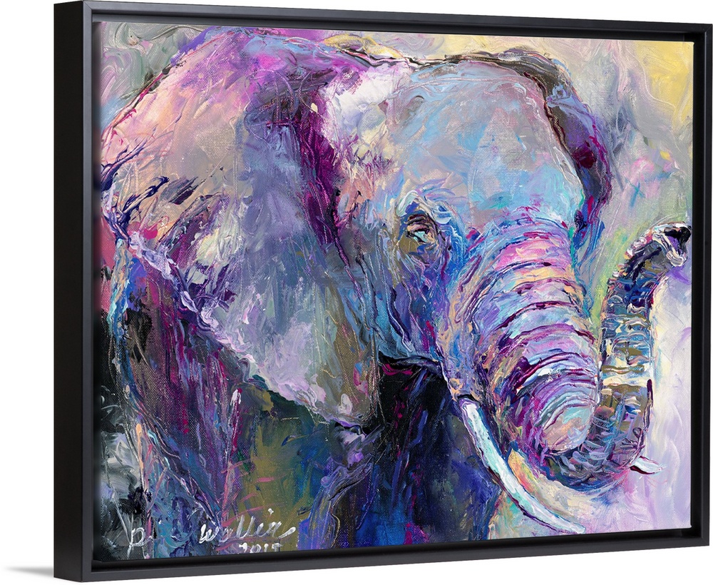 Abstract painting of an elephant with cool tones.