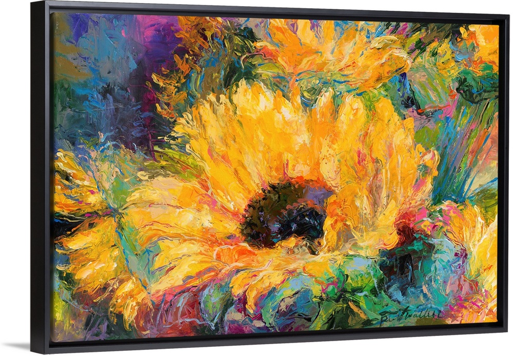 Colorful abstract painting of sunflowers.
