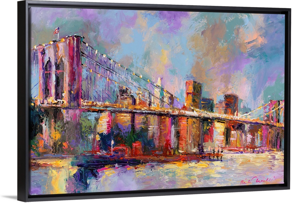 Colorful abstract painting of the Brooklyn Bridge and the NYC skyline in the distance.